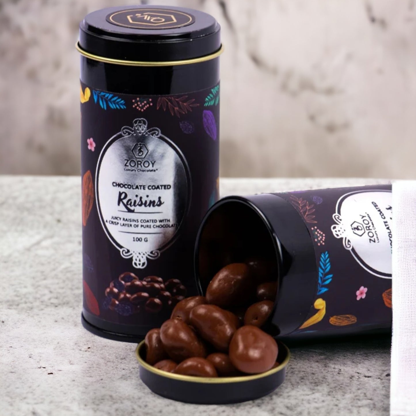 ZOROY Luxury Chocolate coated nuts | dark chocolate coated raisin | raisin dragees | Panned nuts | Pure couverture | Airtight box | Gourmet chocolate gift box | 100 gms