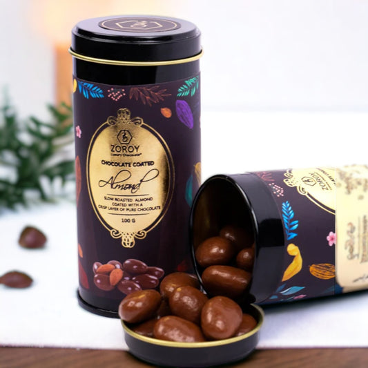 ZOROY Luxury Chocolate coated nuts | chocolate coated almond | almond dragees | Panned nuts | Pure couverture | Airtight box | Gourmet chocolate gift box | 100 gms