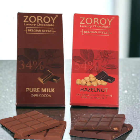 ZOROY LUXURY CHOCOLATE 100% Couverture Milk chocolate bar | Pure Dark chocolate Hazelnut bar Signature Belgian style chocolate | Set of 2 | 100 grams each