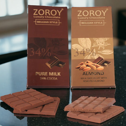 ZOROY LUXURY CHOCOLATE 100% Couverture Milk chocolate Almond bar | Pure Milk chocolate bar| Signature Belgian style chocolate | Set of 2 | 100 grams each