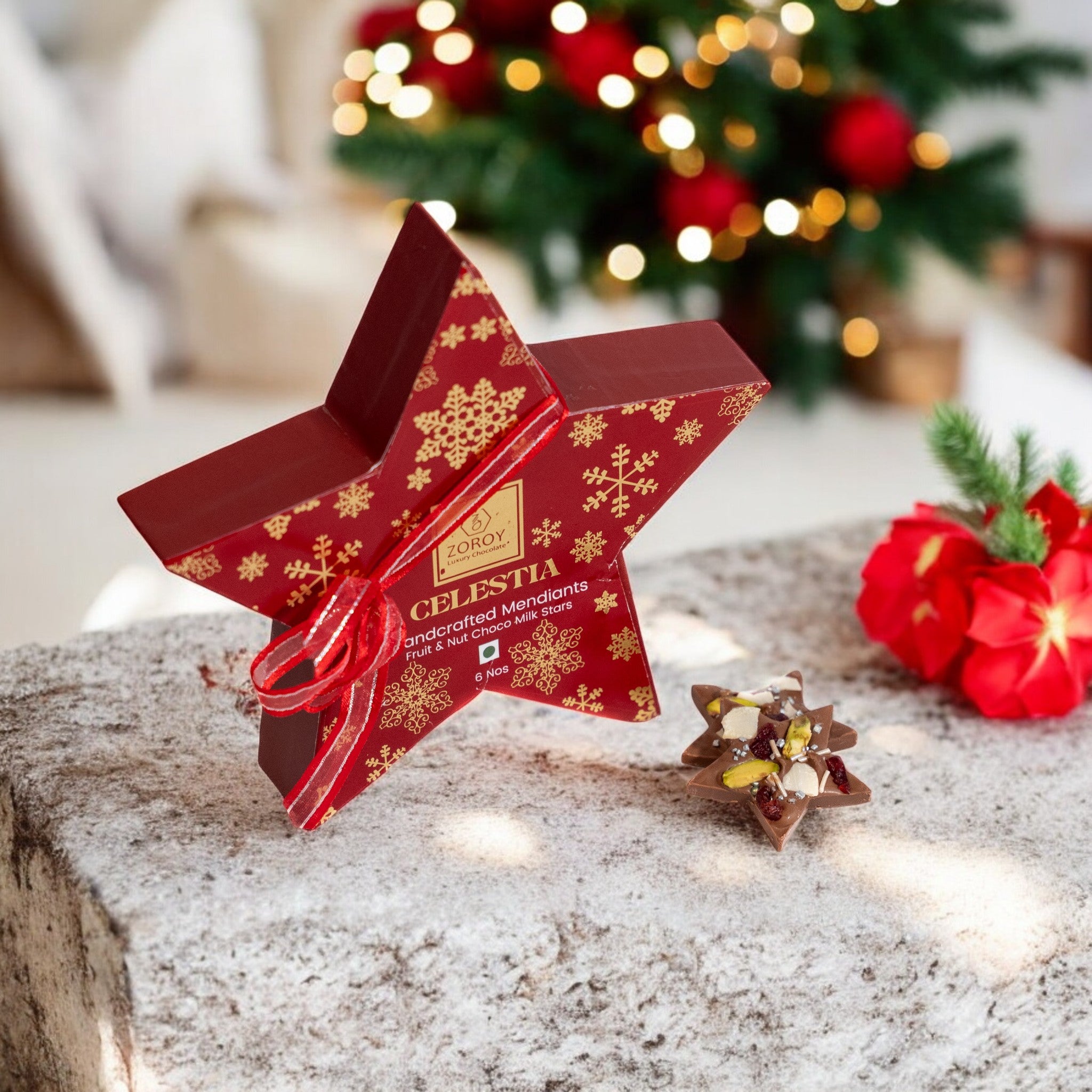 ZOROY Celestia Star Chocolate Box | Reusable Star Shaped Gift Box with 6 Fruit & Nut Mediants | Handcrafted Festive Chocolates for Christmas, Secret Santa & Corporate Gifting