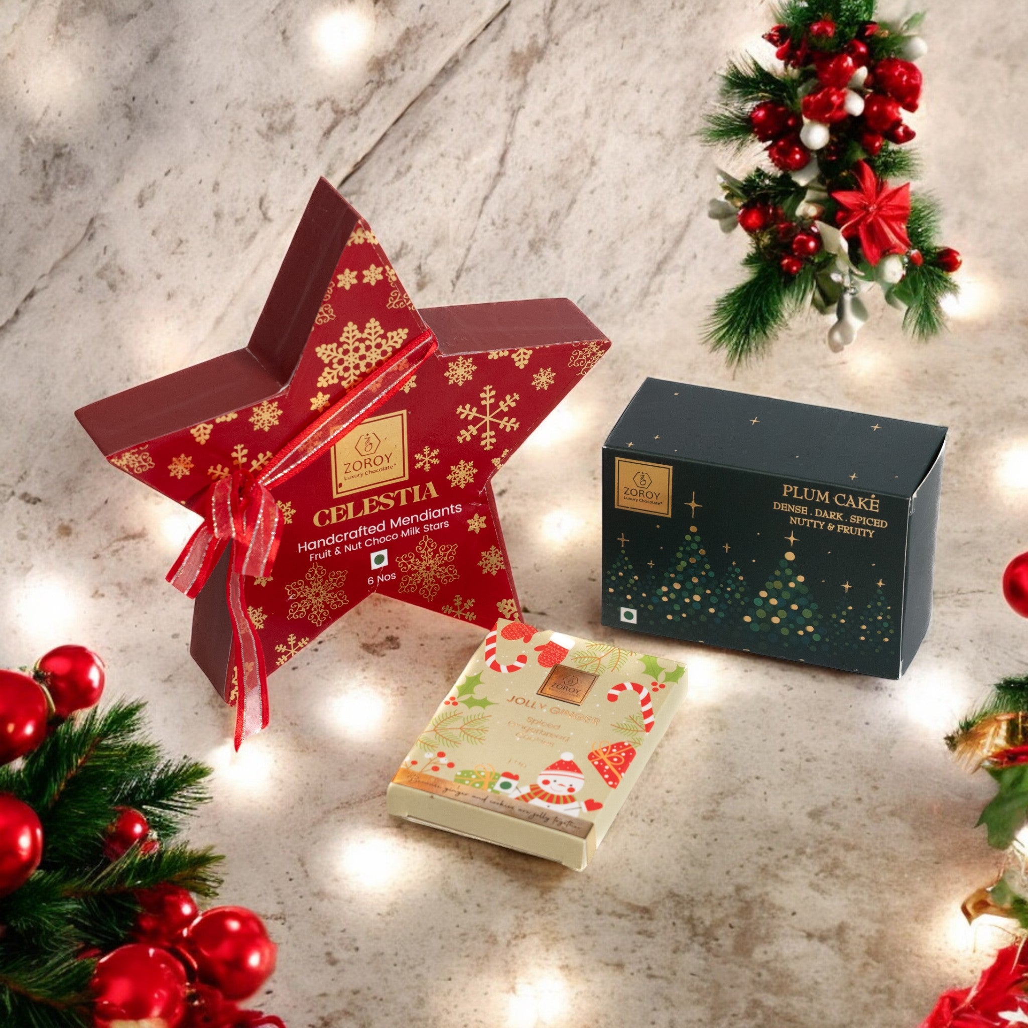 ZOROY Classic Cheer Christmas Gift Hamper | Leather Feel Basket with Plum Cake, Gingerbread cookie and Star box of 6 Chocolate Mediants | Festive, Secret Santa & Corporate Gifting