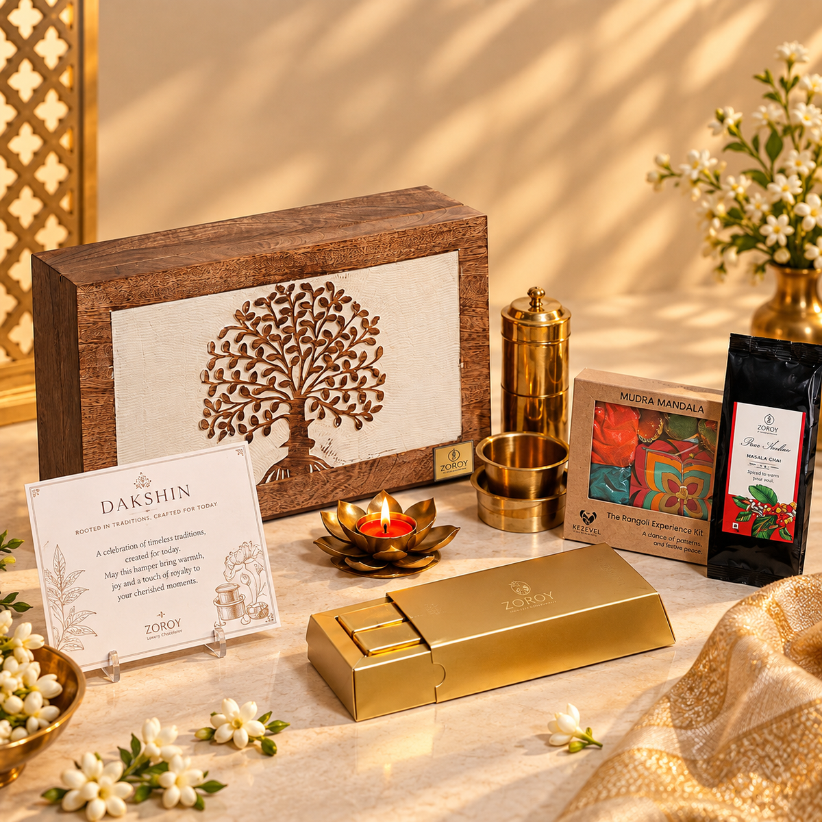 ZOROY Dakshin Premium Heritage Gift Hamper | South Indian Gourmet Coffee, Chocolates & Brassware | Diwali, Corporate & Bulk Gifting**"