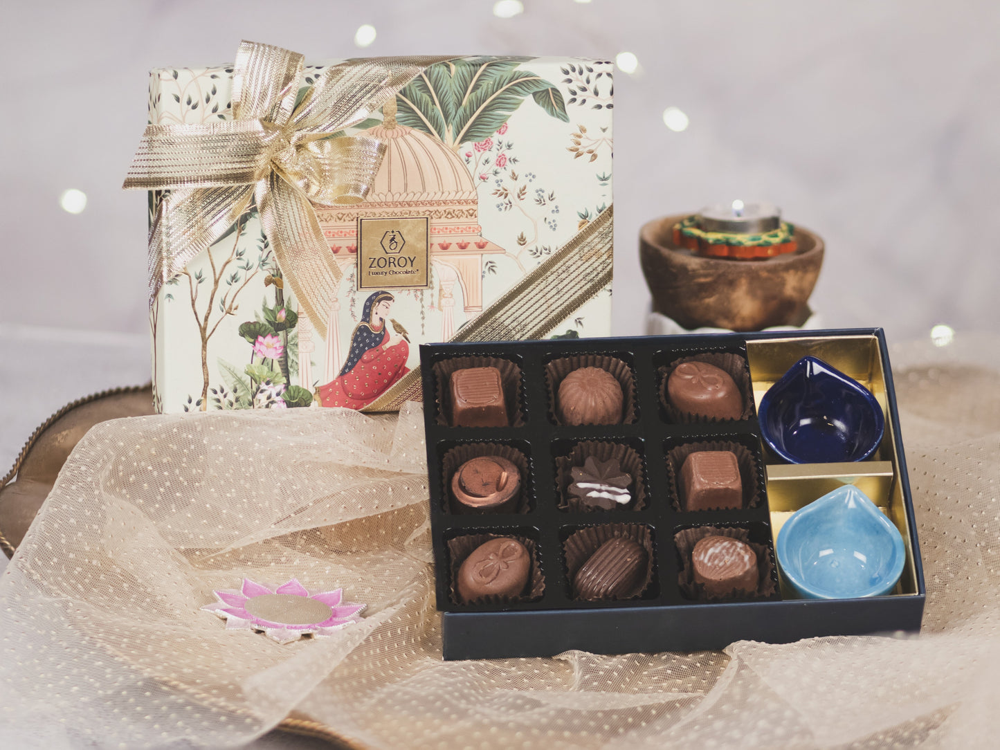 ZOROY Luxury Chocolate Box Of 9 Assorted Milk & Dark Chocolates With 2 Ceramic Diyas Gift Box - 90 Gms For Diwali Deepavali Festive Online Gifts Pack