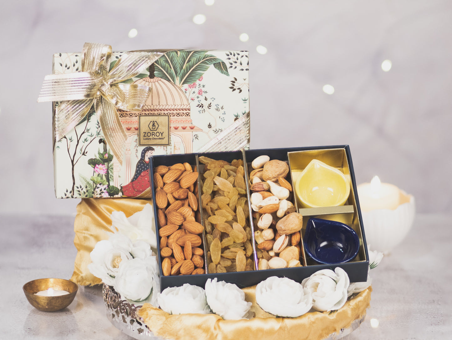ZOROY Diwali gift box with 225gms dry fruits and diyas