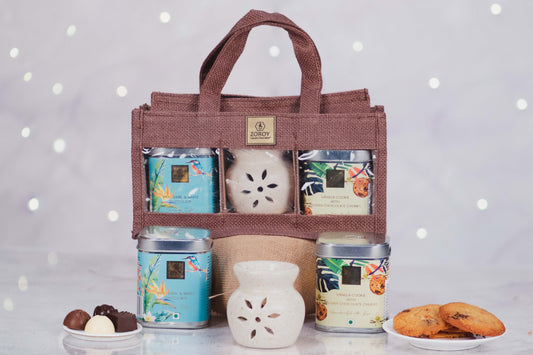 ZOROY The eco friendly hamper bag with ceramic diffuser, assorted chocolates and cookies