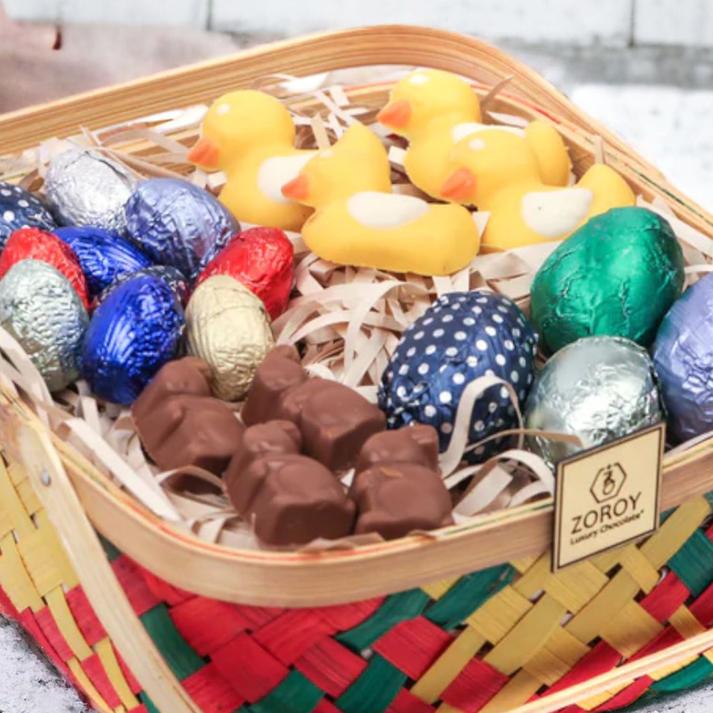 ZOROY Easter Colourful Basket with Bunny, Egg's & Ducks Gift Hamper - 330 Gms