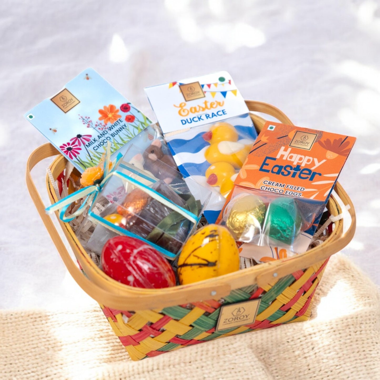 ZOROY Luxury Chocolate Easter Colourful Basket – Choco Nest, Candy-Filled Eggs, Milk Chocolate Bunnies & Ducks | Festive Gift for Kids & Adults,  Basket Stuffer, Holiday Treat & Spring Celebration