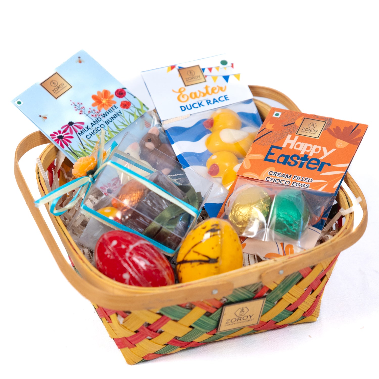 ZOROY Luxury Chocolate Easter Colourful Basket – Choco Nest, Candy-Filled Eggs, Milk Chocolate Bunnies & Ducks | Festive Gift for Kids & Adults,  Basket Stuffer, Holiday Treat & Spring Celebration