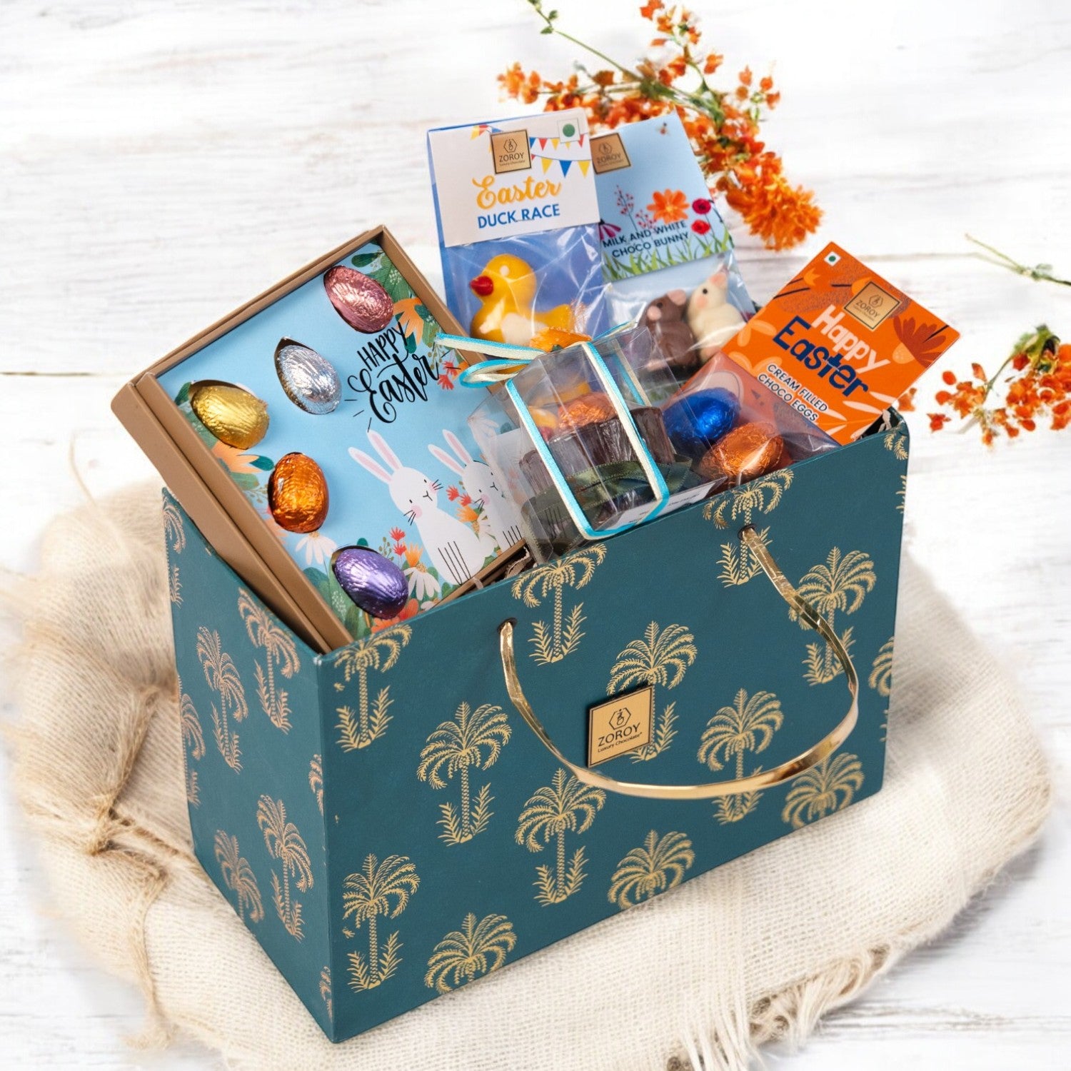 ZOROY Luxury Easter Palm Hamper Gift Basket | Mini Choco Eggs, Bunnies, Ducks, Cream Eggs & Choco Nest | Festive Easter Treats for Kids & Adults | Premium Chocolate Holiday Gift Treats & Goodies