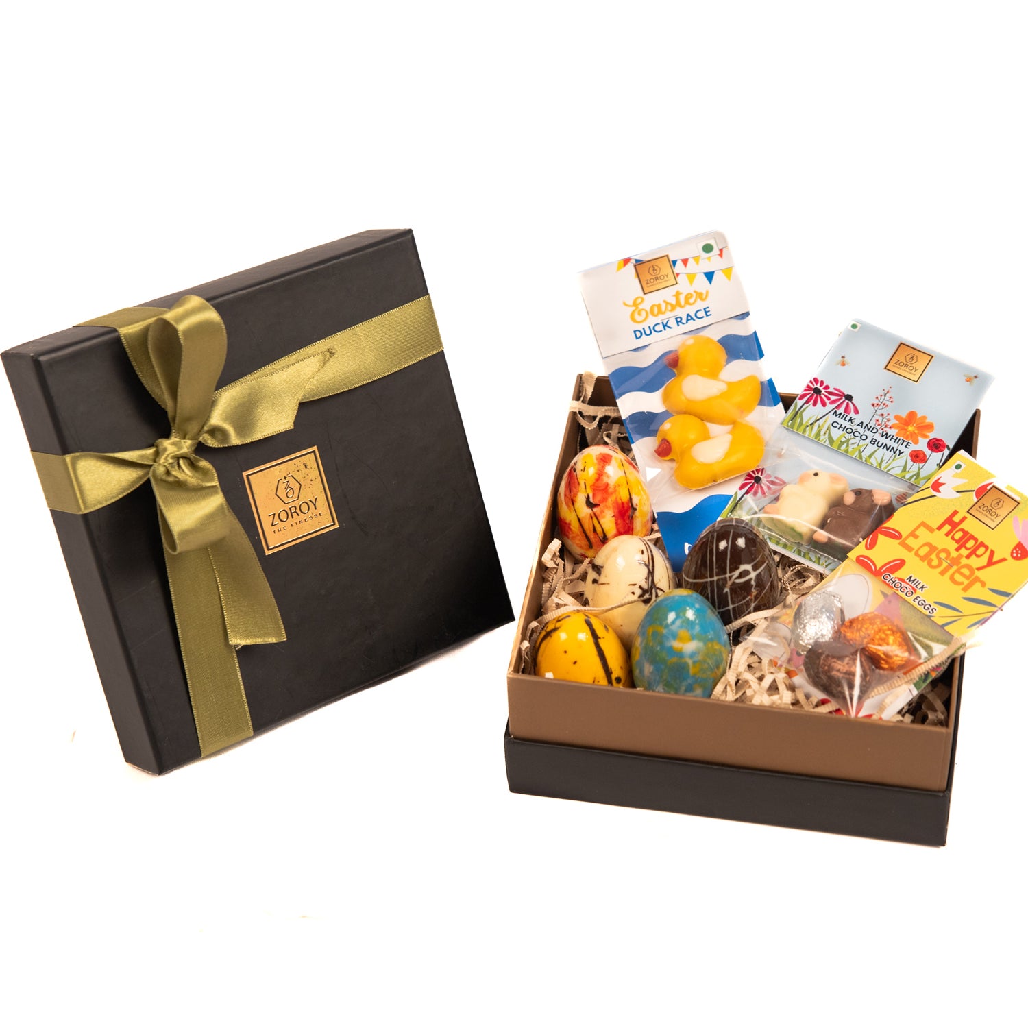 ZOROY Easter Chocolate Surprise Box – 5 Candy-Filled Choco Eggs, 2 Chocolate Ducks, 2 Bunnies & 3 Mini Eggs | Easter Gift for Kids & Adults, Basket Stuffer, Party Favor & Holiday Treat