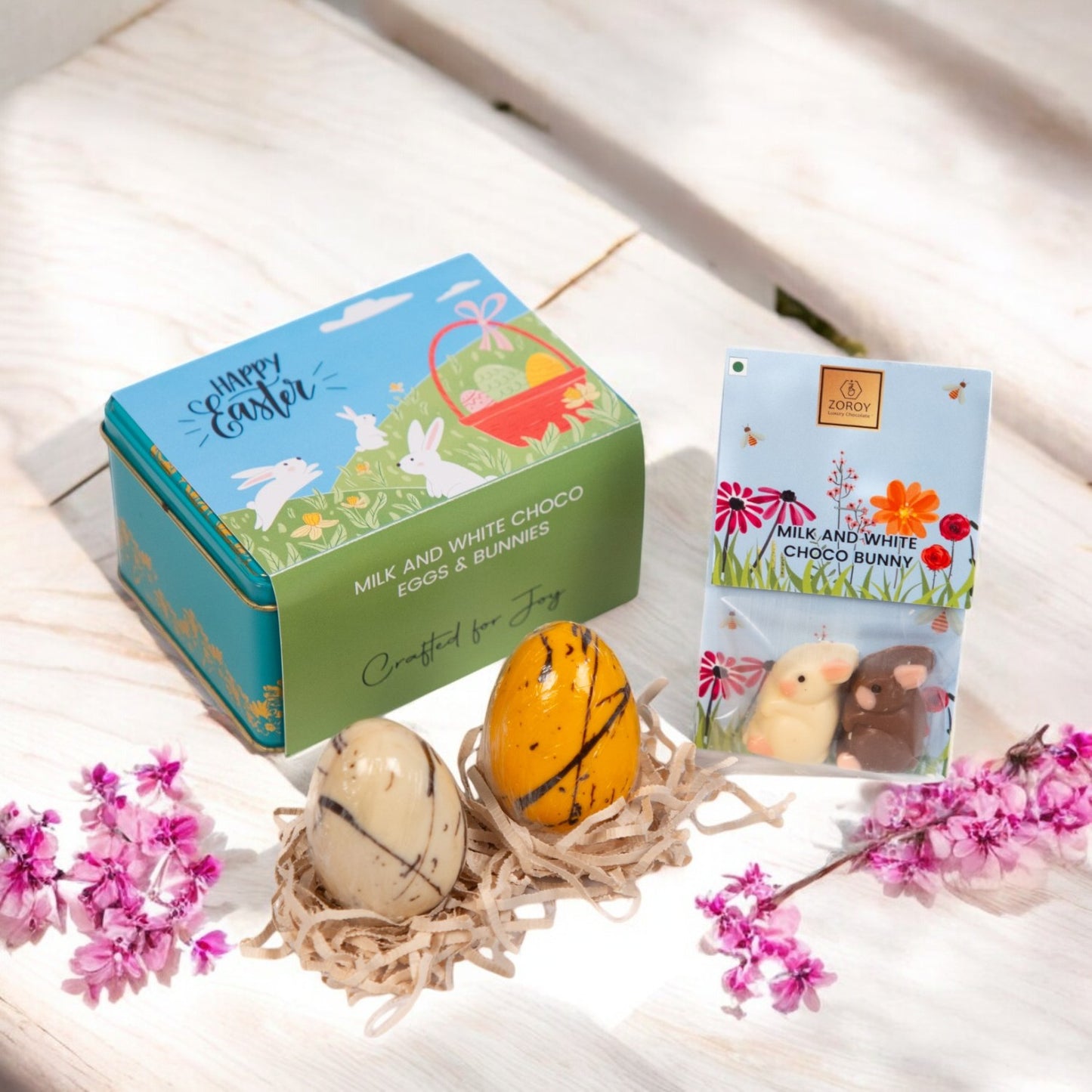 ZOROY Luxury Chocolate Easter Gift Tin – Milk & White Chocolate Bunnies & 2 Colorful Candy-Filled Chocolate Eggs – Spring Chocolate Gift for Kids, Easter Basket Stuffers & Festive Holiday Treats