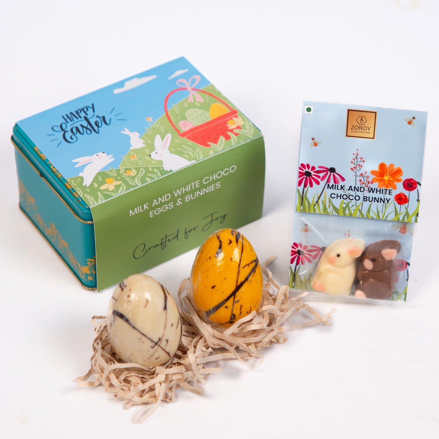 ZOROY Luxury Chocolate Easter Gift Tin – Milk & White Chocolate Bunnies & 2 Colorful Candy-Filled Chocolate Eggs – Spring Chocolate Gift for Kids, Easter Basket Stuffers & Festive Holiday Treats