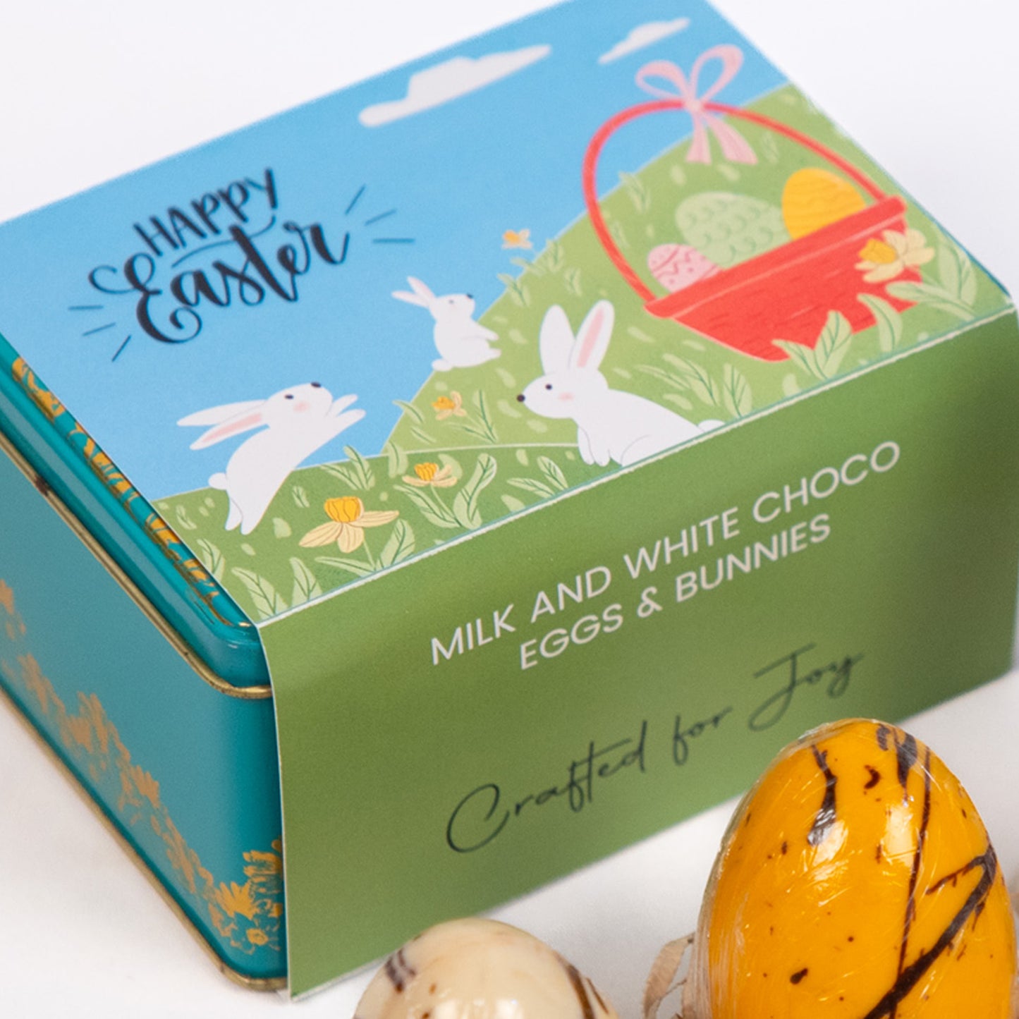 ZOROY Luxury Chocolate Easter Gift Tin – Milk & White Chocolate Bunnies & 2 Colorful Candy-Filled Chocolate Eggs – Spring Chocolate Gift for Kids, Easter Basket Stuffers & Festive Holiday Treats
