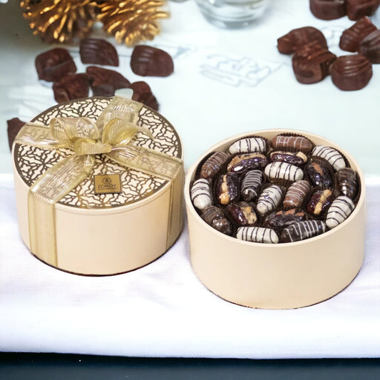 ZOROY Luxury Chocolate Eid Mubarak & Ramzan  Wooden Round Palm box with Assorted Dry fruit Dates and Date dipped Chocolates Gift Hamper - 300 Gms