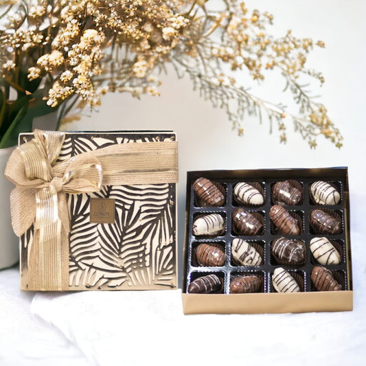 ZOROY Luxury Chocolate Ramzan and Eid Mubarak Wooden Square Palm box with almond stuffed dates dipped in Chocolates - 240 Gms