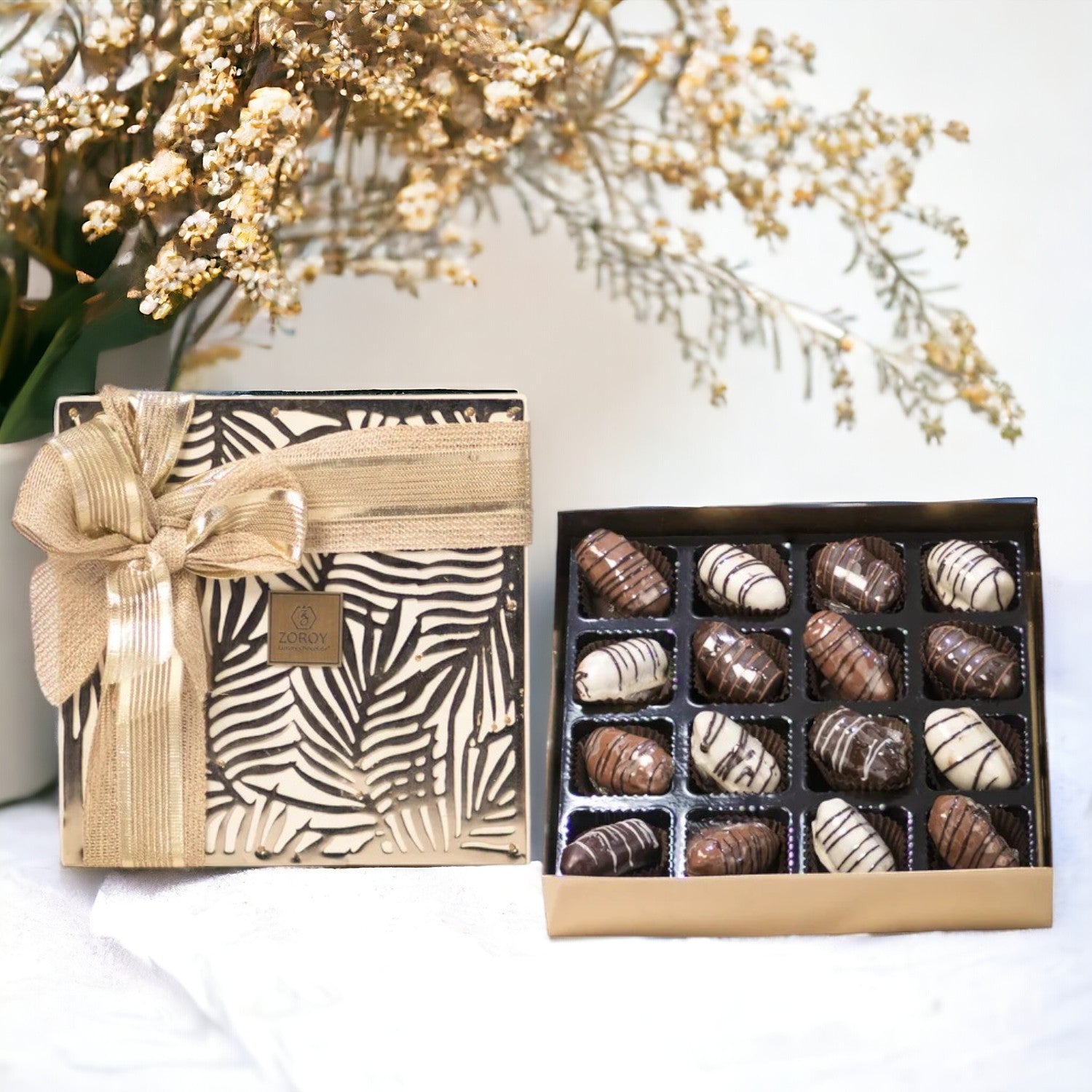 ZOROY Luxury Chocolate Ramzan and Eid Mubarak Wooden Square Palm box with almond stuffed dates dipped in Chocolates - 240 Gms