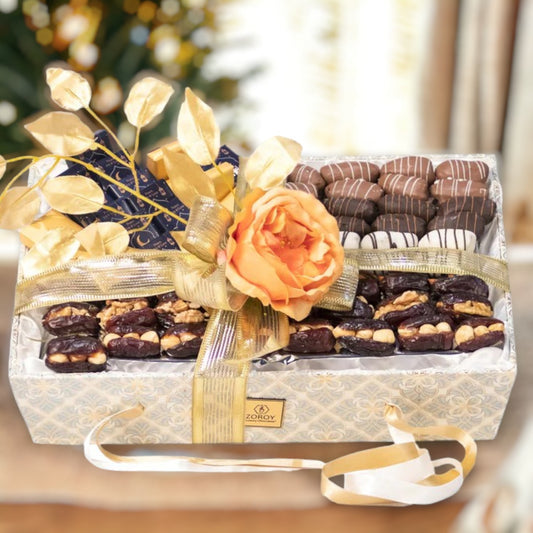ZOROY Luxury Chocolate Eid Mubarak & Ramzan  special Gold Green tray Gift Hamper basket with Assorted  Dates and chocolates - 1000 Gms