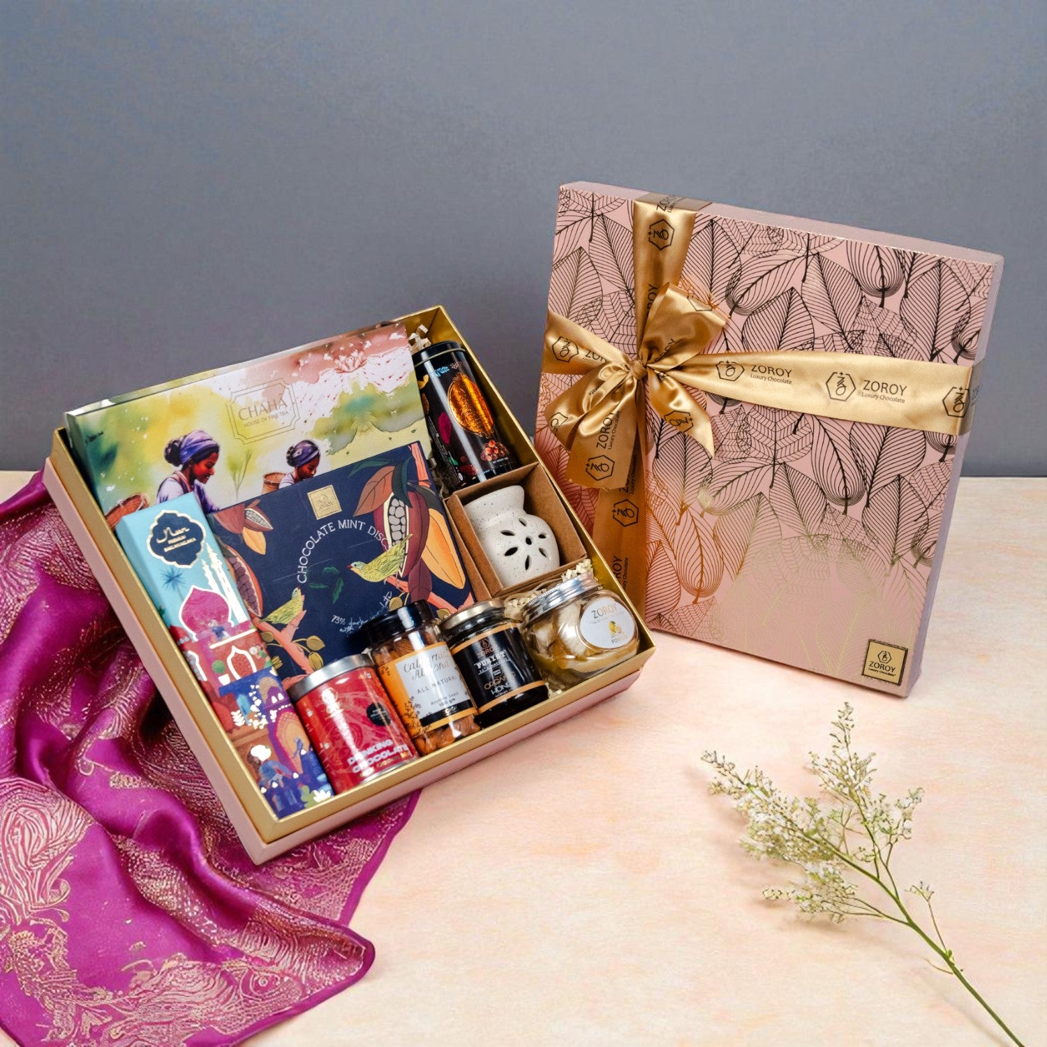 "ZOROY Elegance Luxury Hamper – Gourmet Chocolates, Baklawa, Cookies, Almonds & Ceramic Diffuser | Diwali Festive premium  Corporate Bulk & Family Reusable Gift "