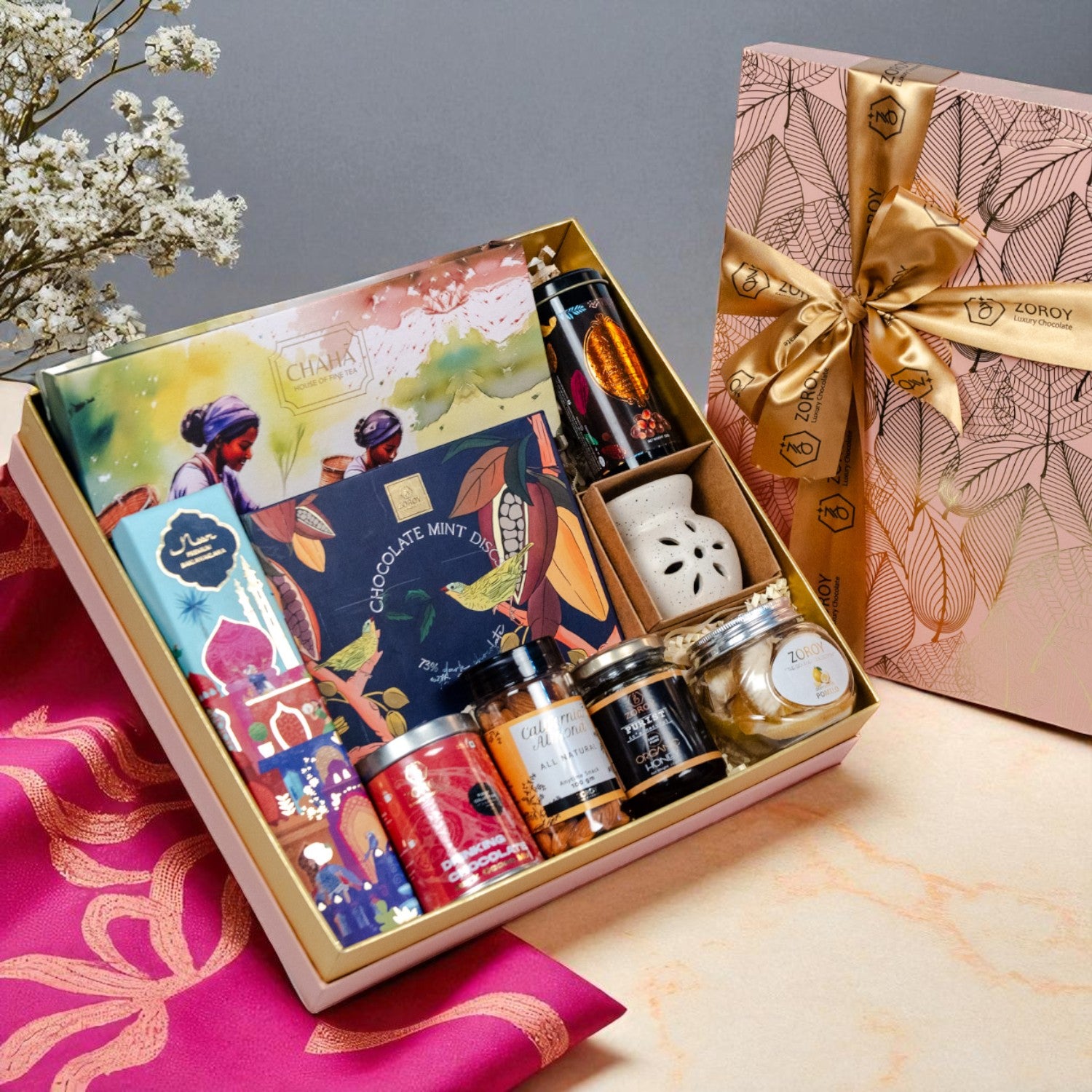 "ZOROY Elegance Luxury Hamper – Gourmet Chocolates, Baklawa, Cookies, Almonds & Ceramic Diffuser | Diwali Festive premium  Corporate Bulk & Family Reusable Gift "