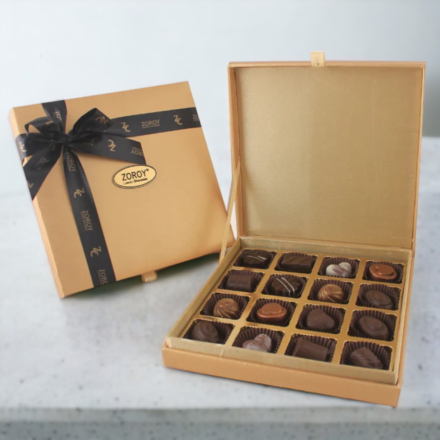 ZOROY Gold Leather Finish Box with 16 assorted Delite Chocolate Gift Box (176 Gms)