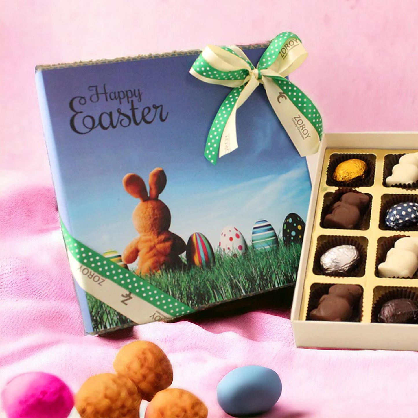 ZOROY Happy Easter Message Special Box of 16 with Assorted Bunnies & Egg's Chocolates Gift Combo Pack - 176 Gms