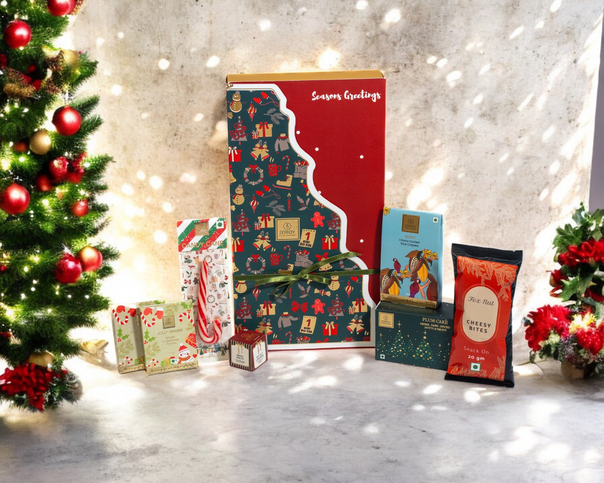 ZOROY Holiday Cheer Christmas Gift Hamper | Plum Cake, Chocolate, Candy Cane & Gingerbread cookie | Secret Santa, Corporate Gifting