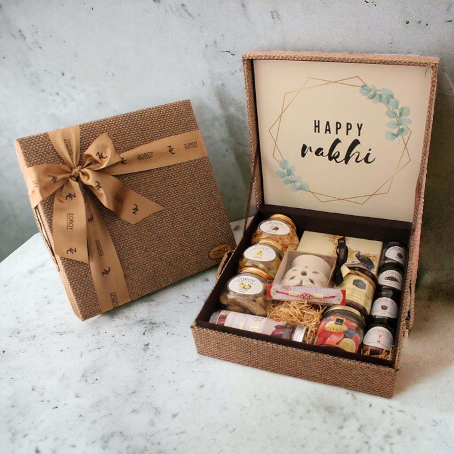 ZOROY Luxury Chocolate Rakhi Hamper for Brother Sister | Jute Box Rakhi set with dry fruits |Rakhi chocolate | Rakhi set for Bhaiya Bhabhi | Dried fruits | Rakhi gift combo | Rakshabandhan gift |