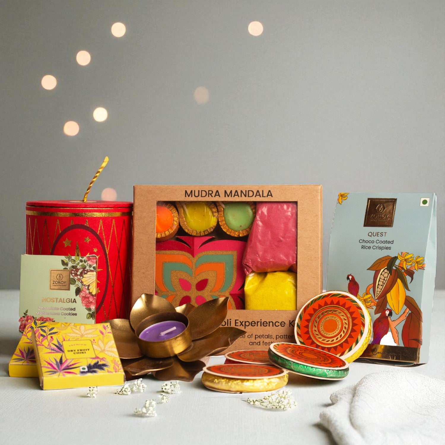 ZOROY Khushi Diwali Gift Hamper | Premium Cane Basket with Dry Fruits, Chocolates & Rangoli kit & Decor | Premium Festive & Corporate Gifting