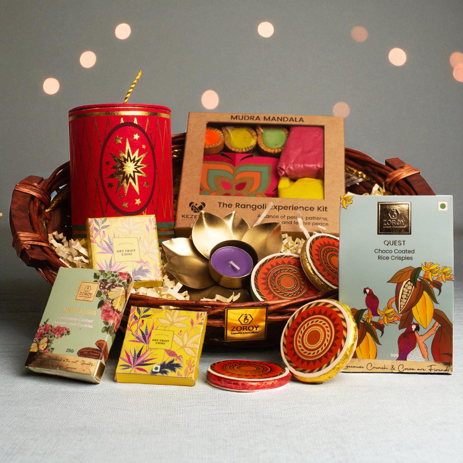 ZOROY Khushi Diwali Gift Hamper | Premium Cane Basket with Dry Fruits, Chocolates & Rangoli kit & Decor | Premium Festive & Corporate Gifting