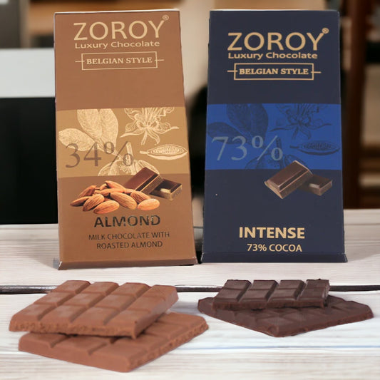 ZOROY LUXURY CHOCOLATE 100% Couverture 73% Dark chocolate bar | Milk Almond chocolate bar | Signature Belgian style chocolate | Set of 2 | 100 grams each