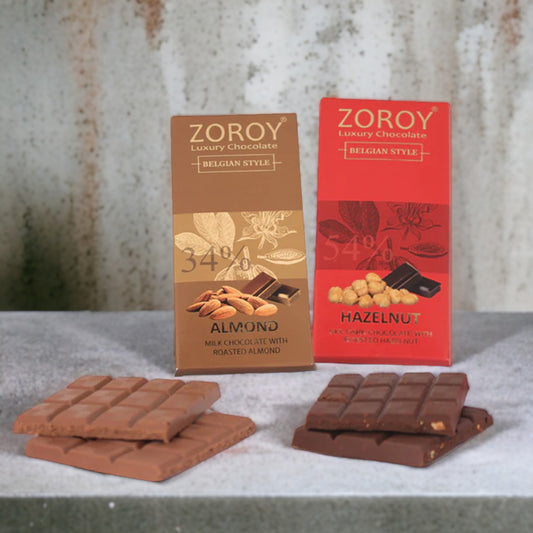 ZOROY LUXURY CHOCOLATE 100% Couverture Milk chocolate Almond bar | Dark chocolate Hazelnut bar | Signature Belgian style chocolate | Almond bar | Hazelnut bar | Set of 2 | 100 grams each