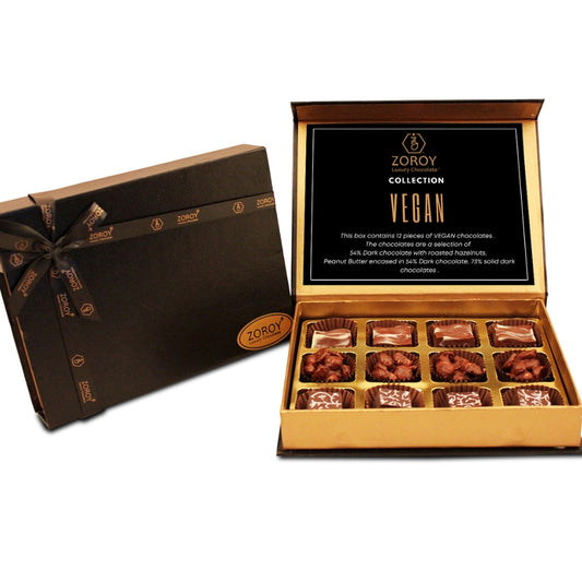ZOROY LUXURY CHOCOLATE Box of 12 Pure Couverture Chocolate | Vegan | Signature Belgian style | Assortment of hazelnuts, peanuts and 73% Dark | 12 pieces in a classic black box