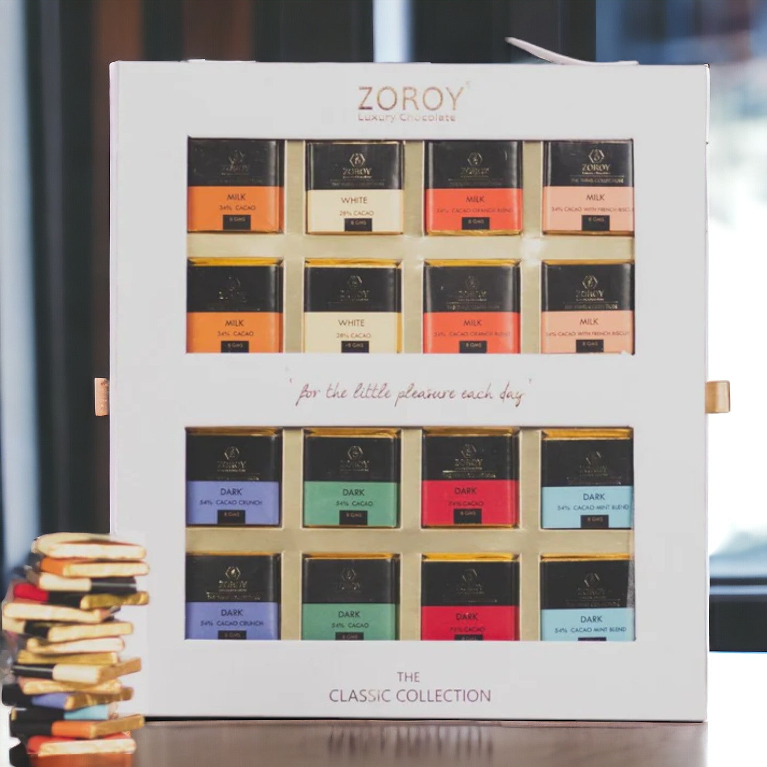 ZOROY LUXURY CHOCOLATE Box of 16 Pure Couverture Chocolate Thins | Dark Milk White chocolate | Signature Belgian style | 16 pieces in a box - 138 Gms