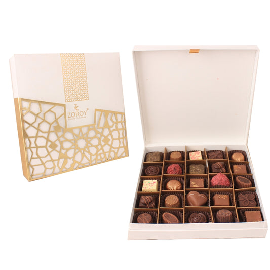 ZOROY LUXURY CHOCOLATE Box of 25 Pure Couverture Chocolate | Signature Belgian style | 25 pieces in a leather finish gift box | Assortment of milk dark white pralines - 275 Gms
