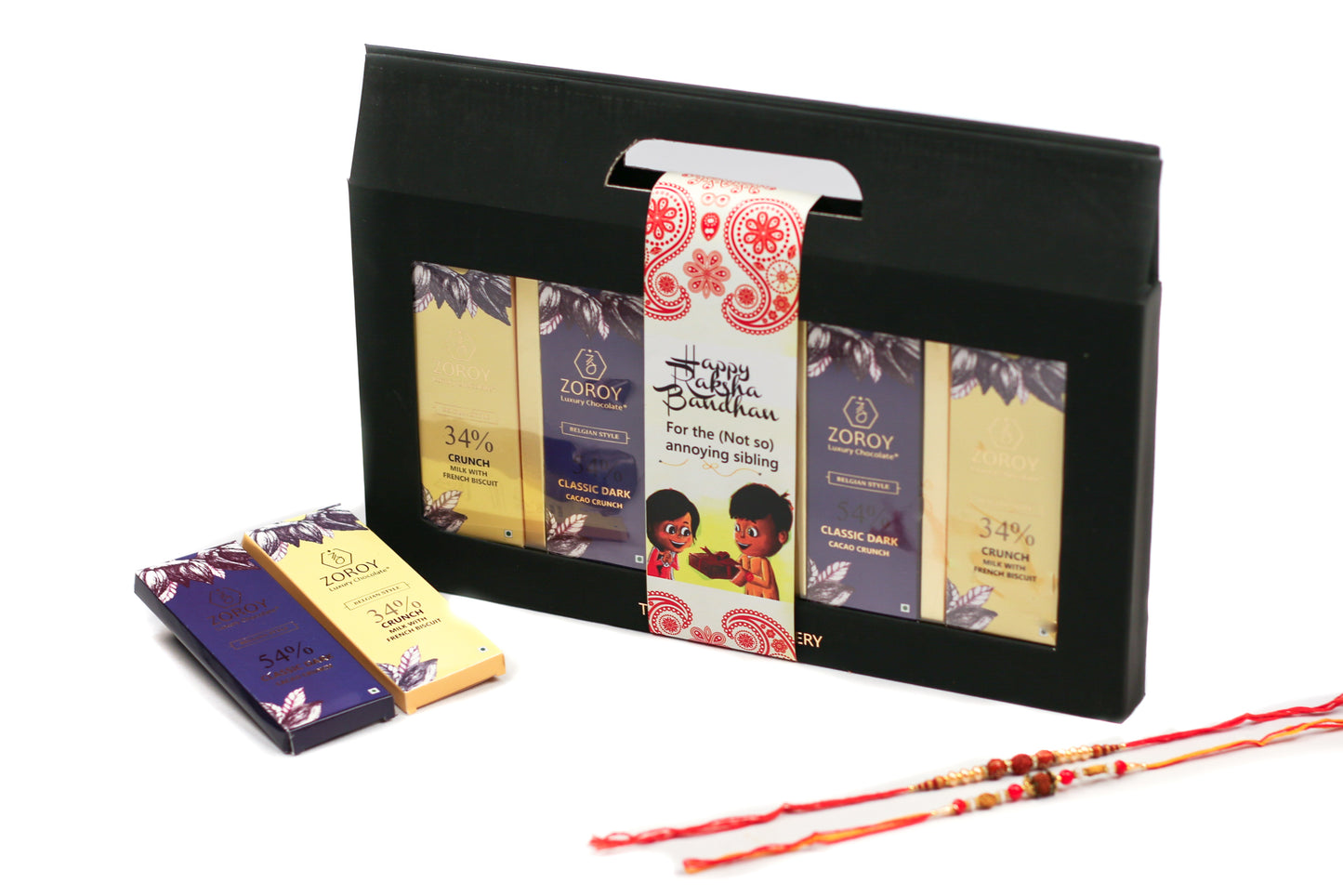 ZOROY LUXURY CHOCOLATE Rakhi Chocolate Gift for Brother | Rakhi Gift for Brother Bhabhi | Rakhshabandhan gift for sister| Rakhi gift chocolate pack | Signature Belgian style bars | set of 5 | 125 gms