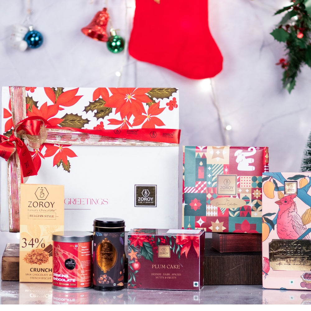 ZOROY LUXURY CHOCOLATE Season Special Floral Gift Hamper Box for Corporate diwali christmas rakhi valentine X Mas Festive Celebration Weeding Premium natural drinking chocolate Plum cake cookies Box