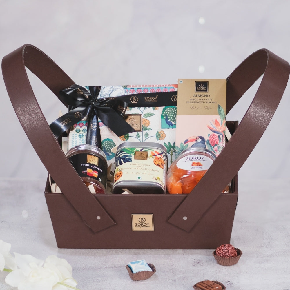 ZOROY Luxury Chocolate Leather finish Basket with assorted goodies Combo For Corporate Diwali Celebration Festive Wedding Valentine Birthday Christmas X Mas Marry Santa | Chocolate Gift Hamper