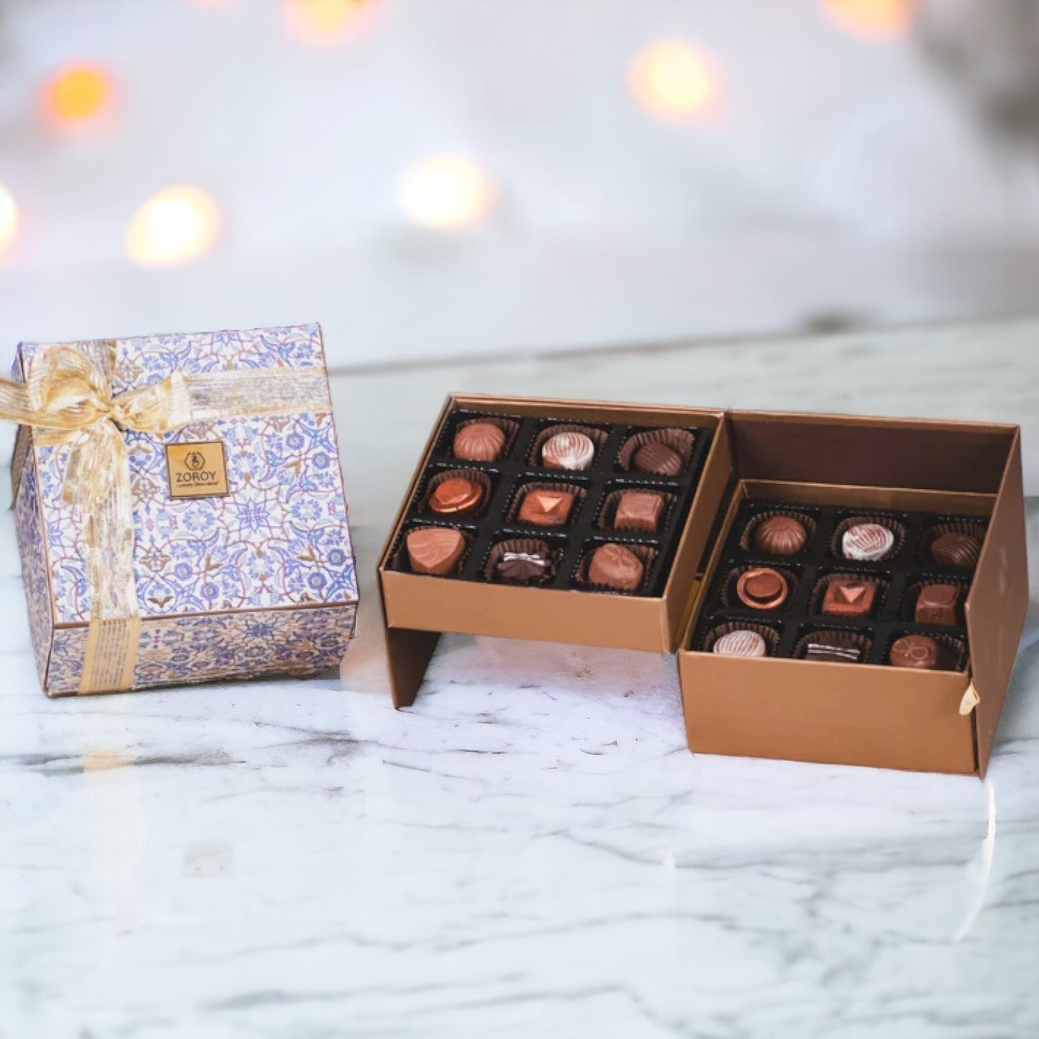 ZOROY Lotus Themed Double Decker box with 18 Assorted Delite Chocolate Gift Pack (198 Gms)