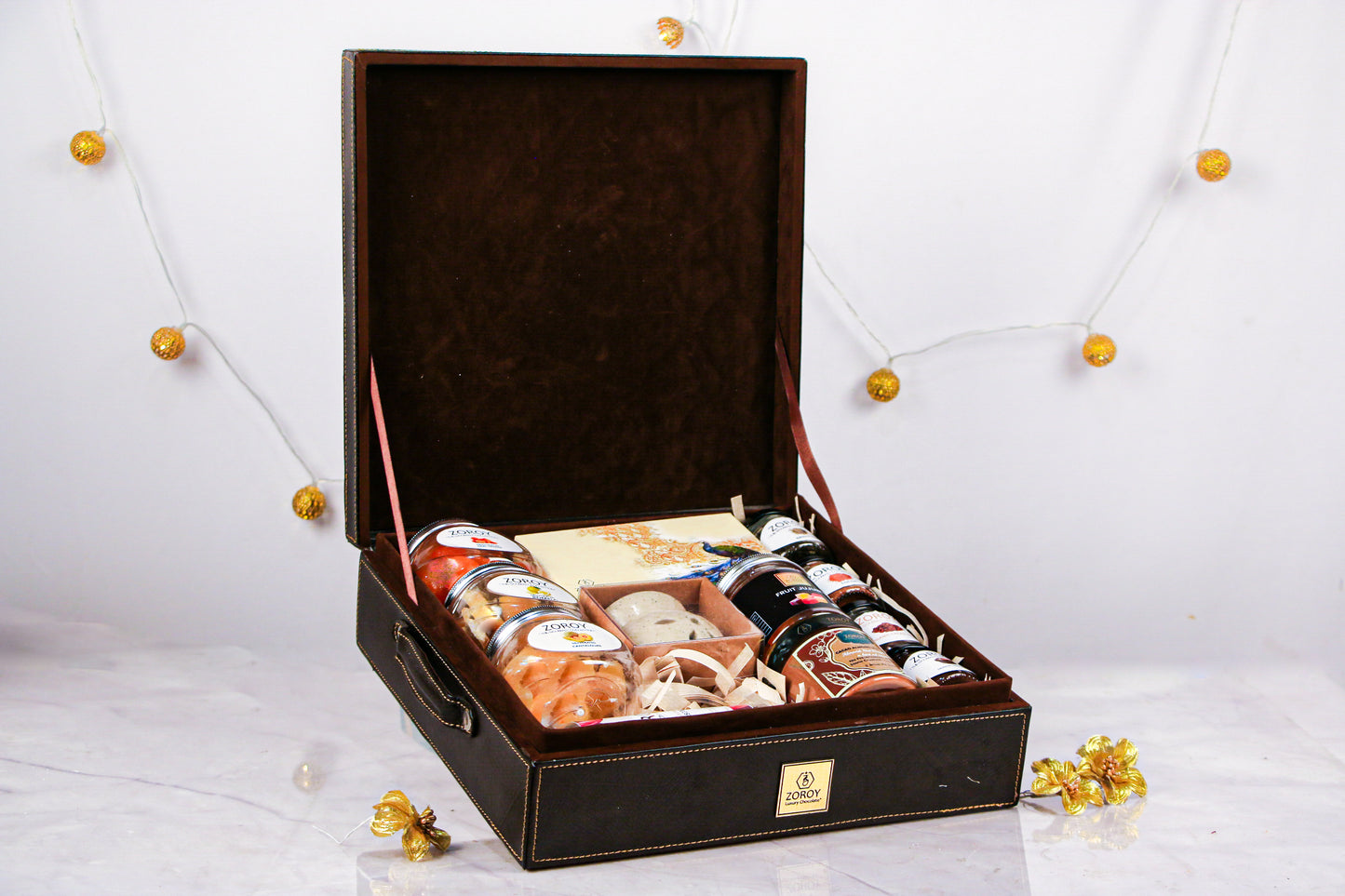 ZOROY Art Leather hamper box filled with chocolates and other goodies