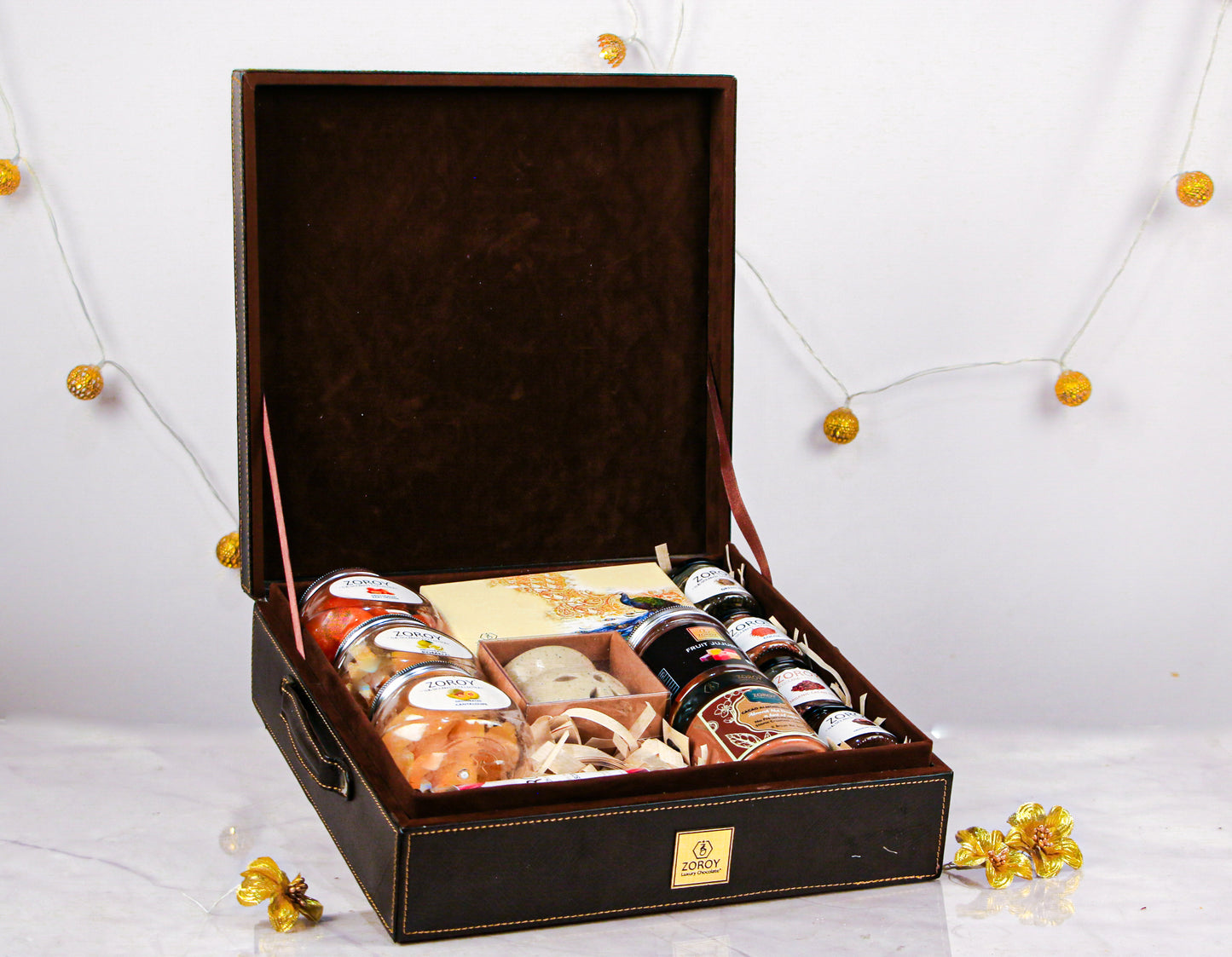 ZOROY Art Leather hamper box filled with chocolates and other goodies