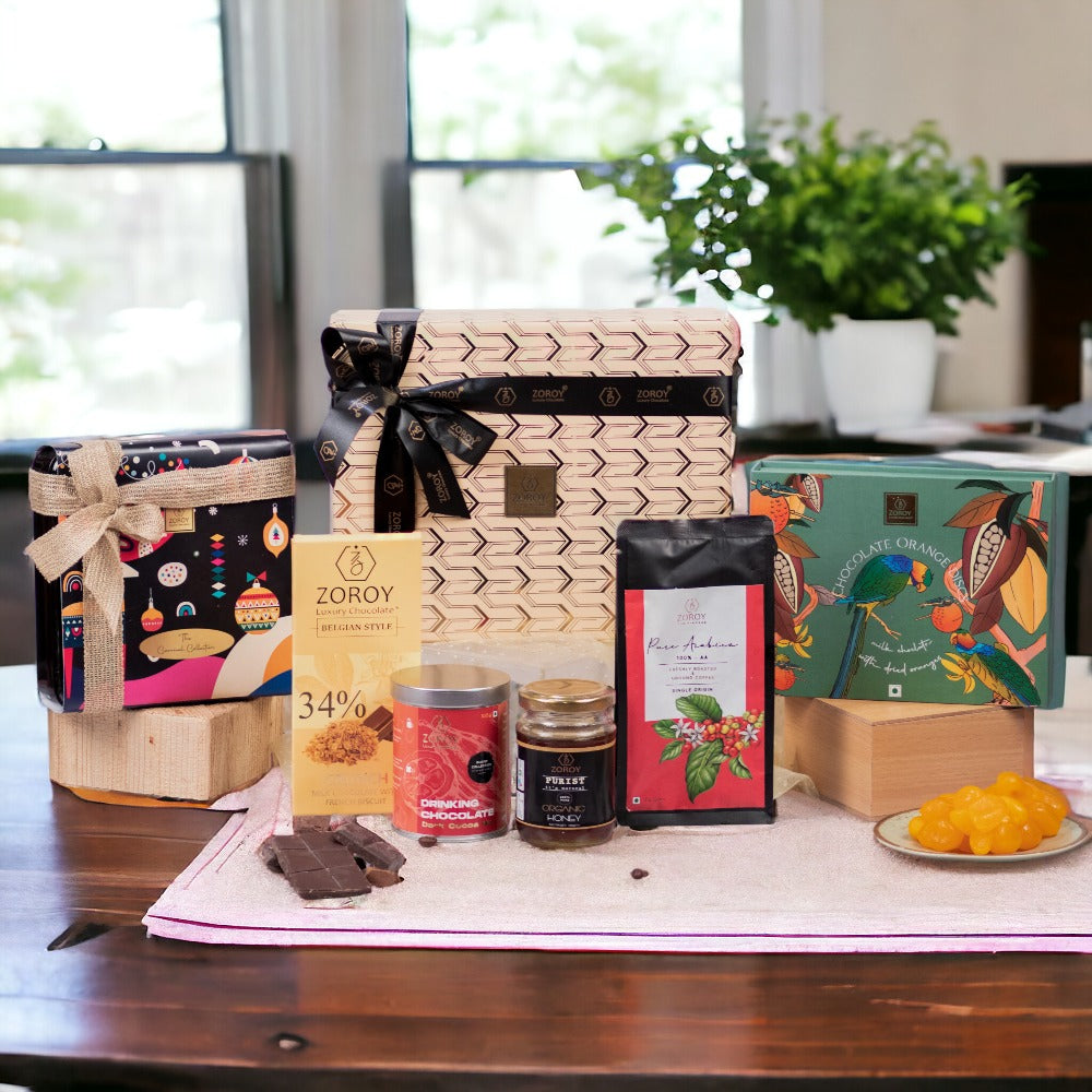 ZOROY Luxury Chocolate Awesomeness Hamper For Christmas Corporate Birthday Weeding essentials | Belgian style chocolate | Organic Honey | Ground Arabica coffee | Drinking chocolate
