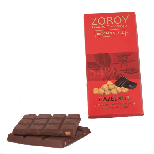 ZOROY LUXURY CHOCOLATE Pure Couverture 54% Dark chocolate Hazelnut bar | Signature Belgian style chocolate | Hazelnut dark chocolate Vegan | 100 grams
