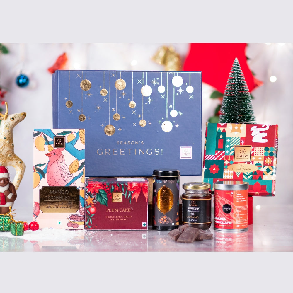 ZOROY Luxury Chocolate Bell Hamper For Christmas Corporate Birthday Weeding essentials | Belgian style chocolate | Organic Honey | Plum Cake | Coated nuts | drinking chocolate