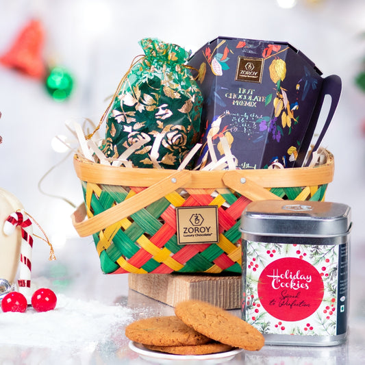 ZOROY Luxury Chocolate Christmas Mini Combo Gift Basket with chocolates, cookies & Hot chocolate premix For Xmas festive new year festival celebration Santa marry goodies