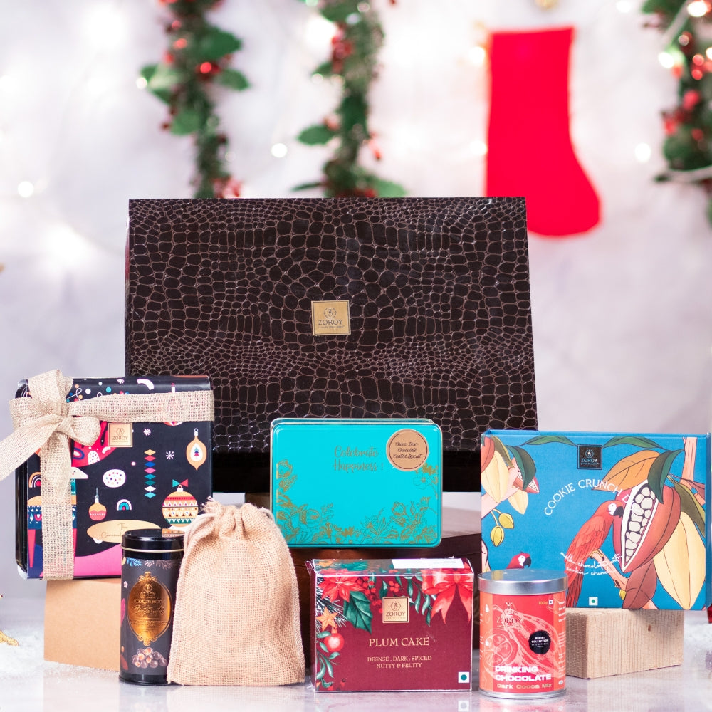 ZOROY Luxury Chocolate Carnival Sandook Gift Hamper For Christmas Corporate Birthday Weeding essentials | Belgian style chocolate | Dry fruits | Plum Cake | Coated nuts | Drinking chocolate