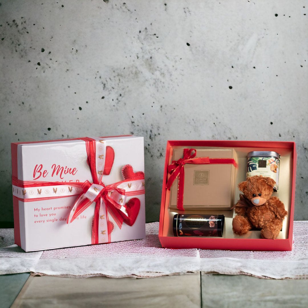 ZOROY Luxury Chocolate Forever Together Valentines Gift | I love you printed Chocolates | 100G pure chocolate coated nuts | 100G handcrafted cookies | Teddy bear | 100% Veg