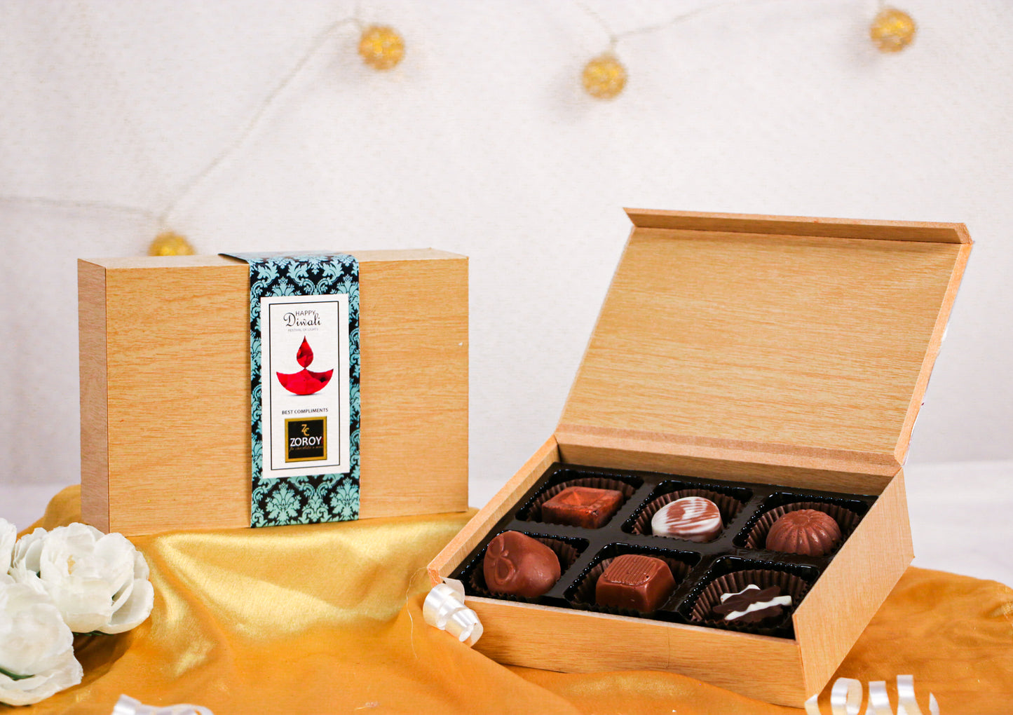 ZOROY Luxury Chocolate Happy Diwali Wooden Box of 6 Assorted Delite Chocolate 66 Gms