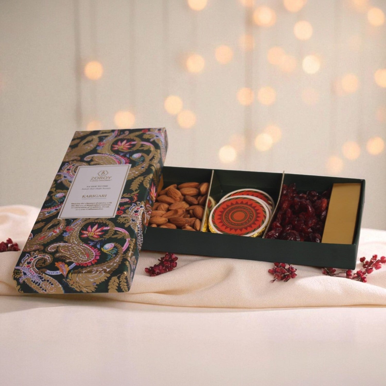 ZOROY Karigari Collection Festive Essential Kit –  Handcrafted Diwali Corporate Gift Box with Almonds, Cranberries & Choco Biscuits