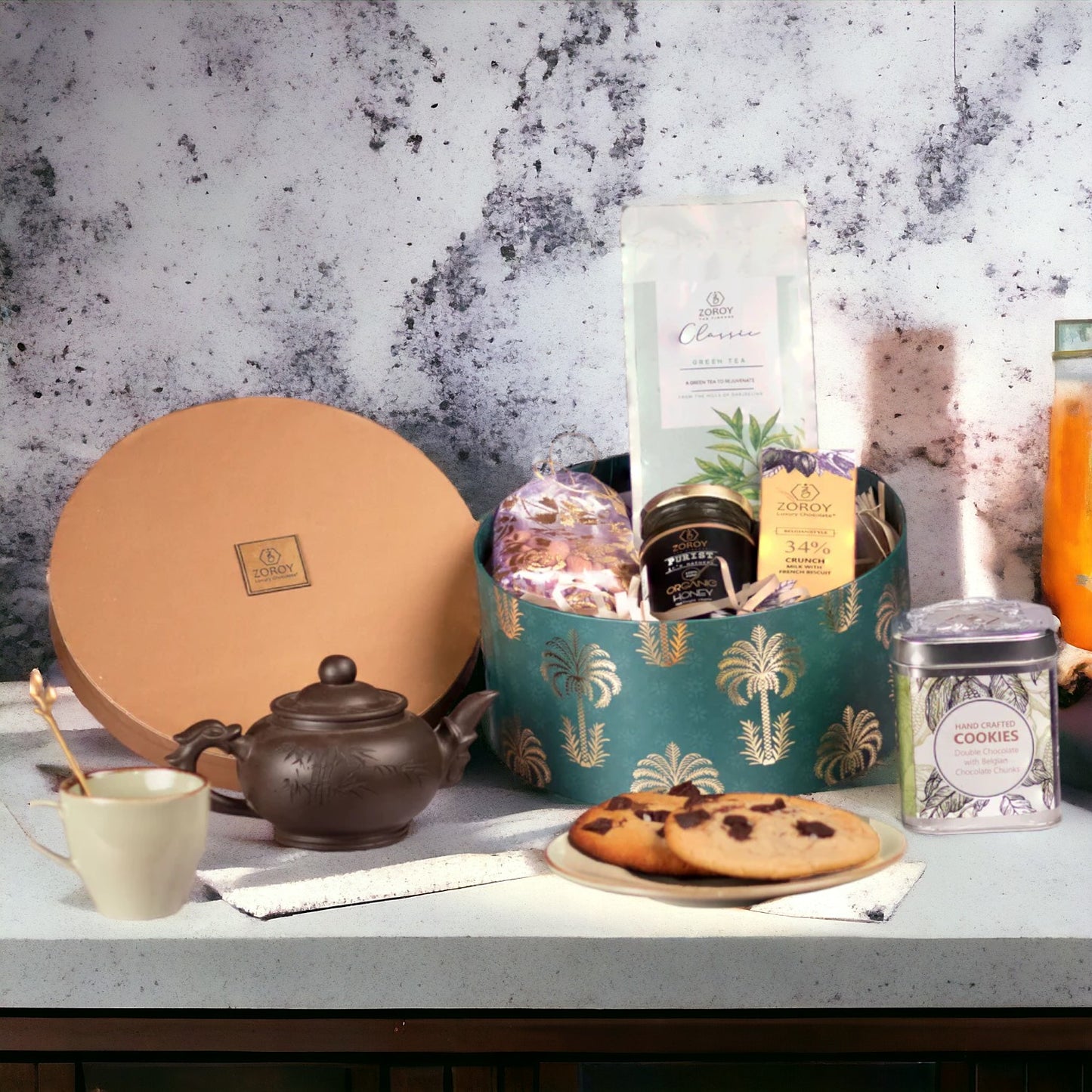 ZOROY Luxury Chocolate Palms Green Tea Gift Hamper For Mothers Day |  Belgian style chocolate | Dry fruits |  Handcrafted cookies | 100% Veg
